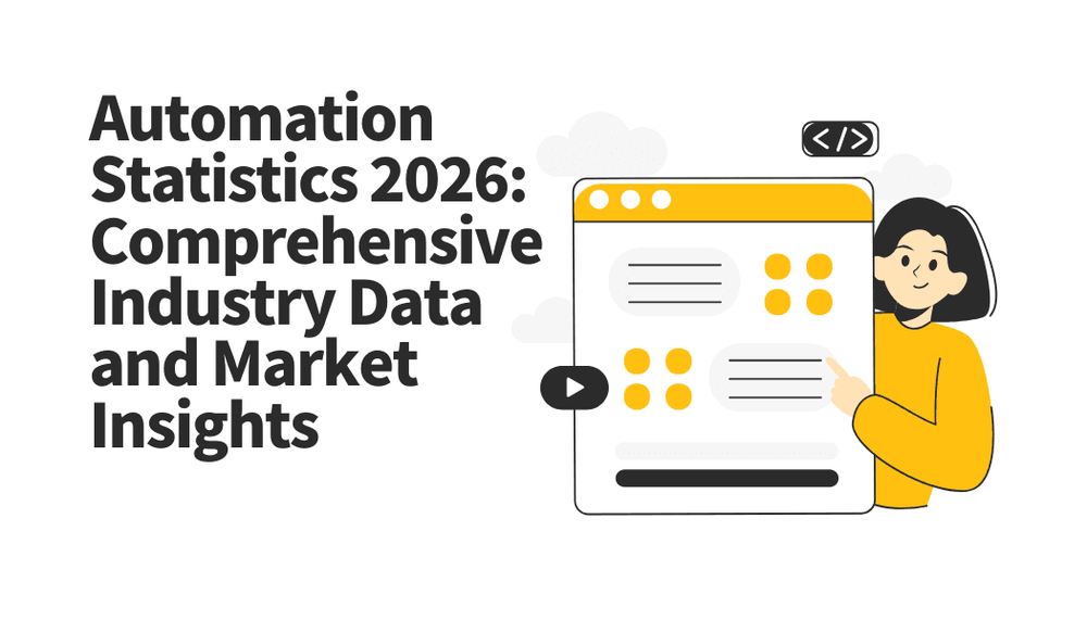 Automation Statistics 2026 report title with illustrated woman pointing at a data dashboard.