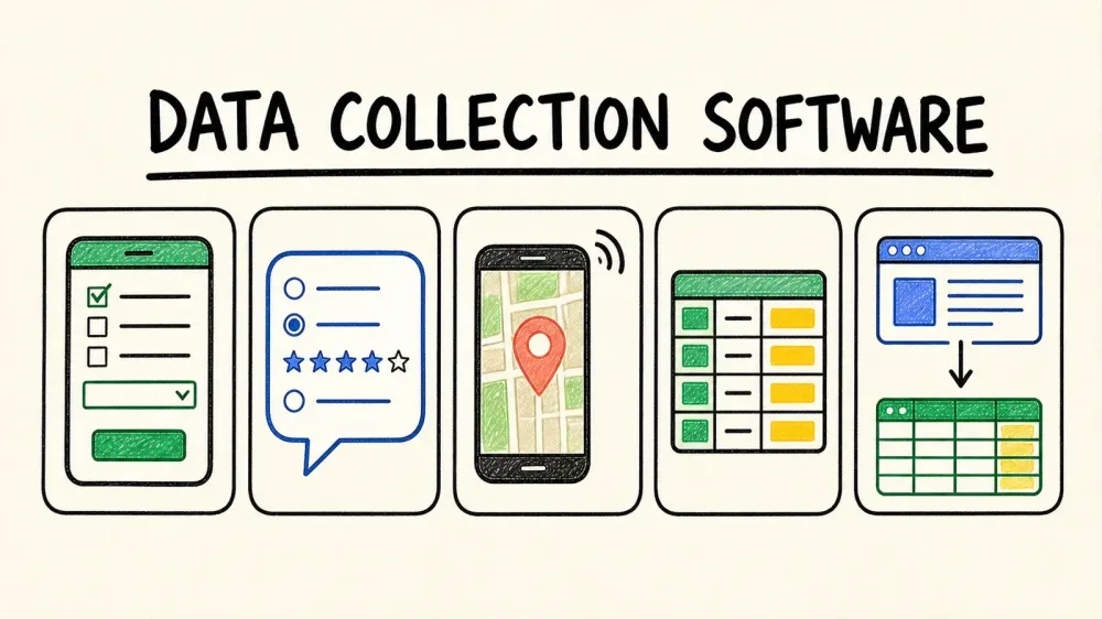 Hand-drawn cover showing five data collection modes on warm gray-yellow paper