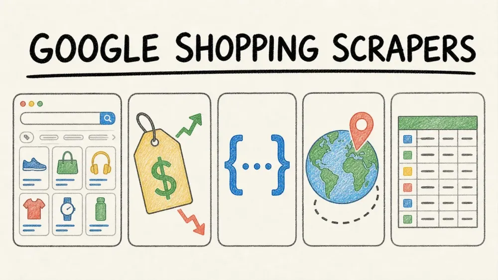 Hand-drawn cover for Google Shopping scrapers