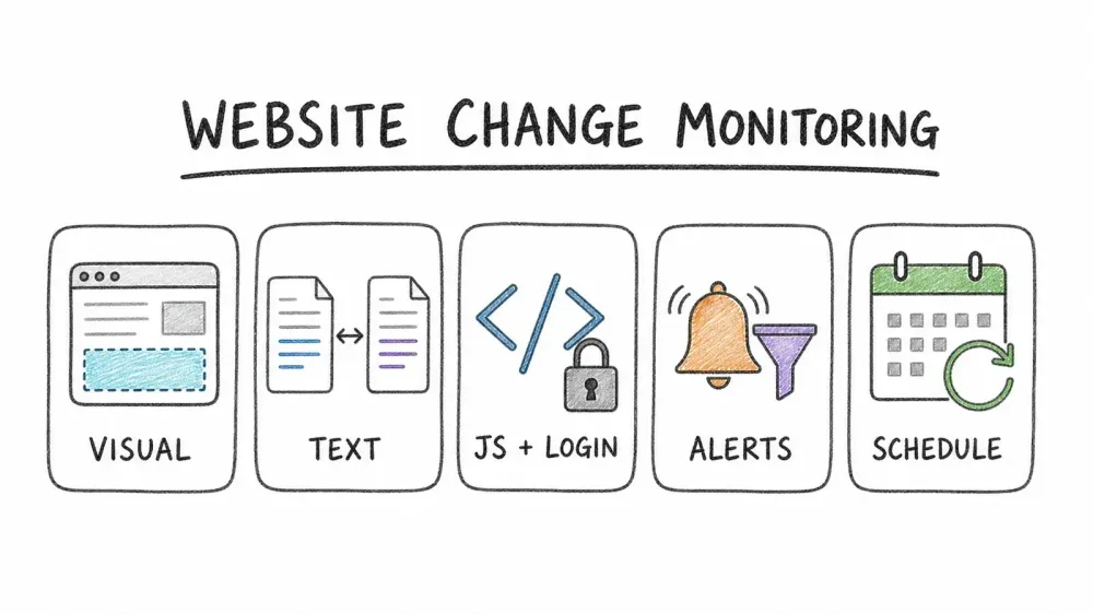 Hand-drawn website change monitoring methods: visual, text, JavaScript and login, alerts, and scheduling