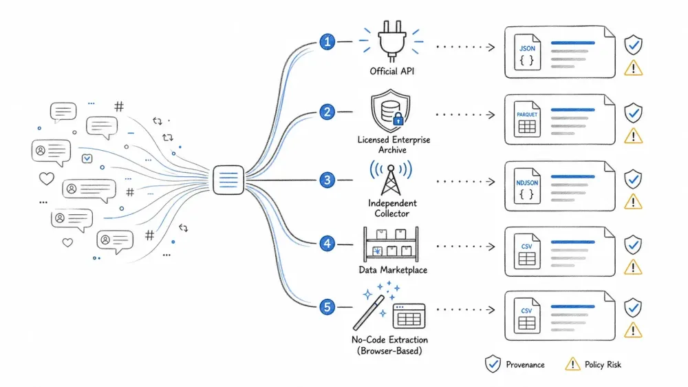 Hand-drawn decision map comparing official, licensed, independent, marketplace, and no-code sources for Twitter data.