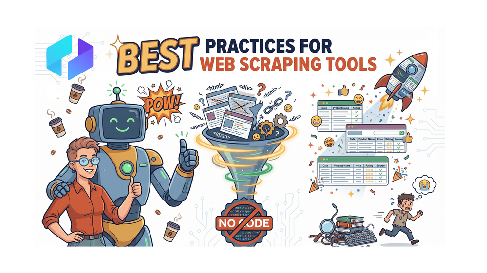 Best practices for web scraping tools illustration with robot and funnel
