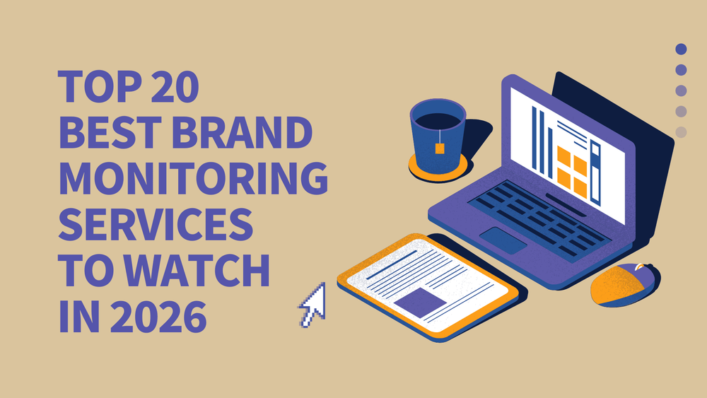 Top 20 best brand monitoring services to watch in 2026 with illustrated laptop, tablet, coffee cup, and mouse