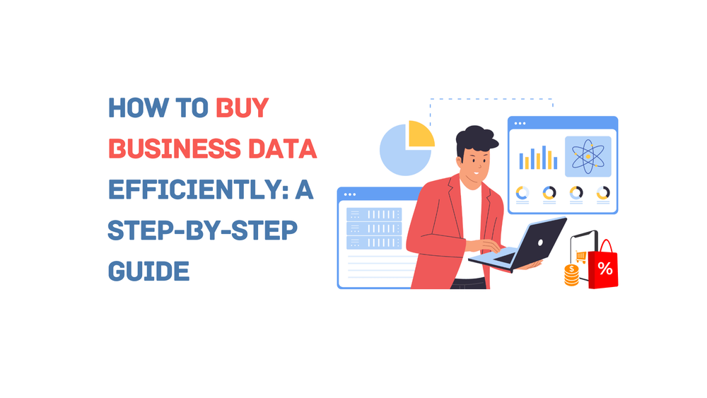 How to buy business data efficiently guide with illustrated man using laptop, charts, coins, and shopping icons