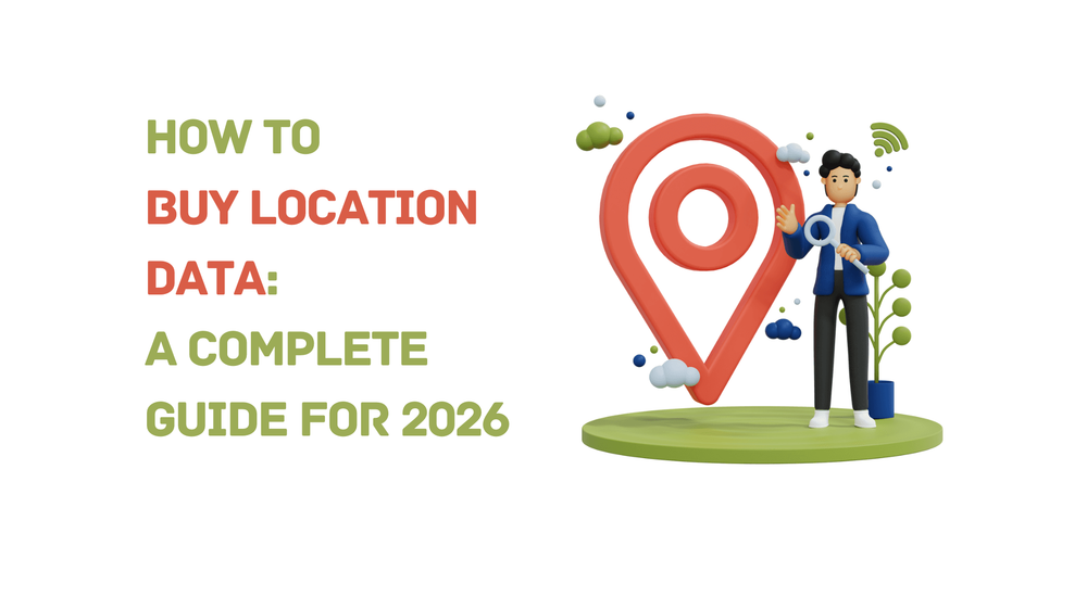 How to buy location data guide 2026 cover with illustrated person and large map pin icon.
