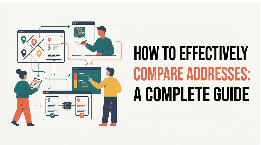 How to effectively compare addresses guide with illustrated people analyzing address data on screens