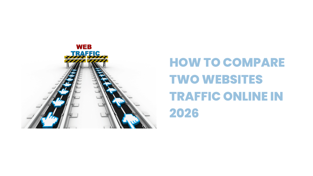 Web traffic comparison concept with two conveyor belts carrying cursor icons and text "How to compare two websites traffic online in 2026