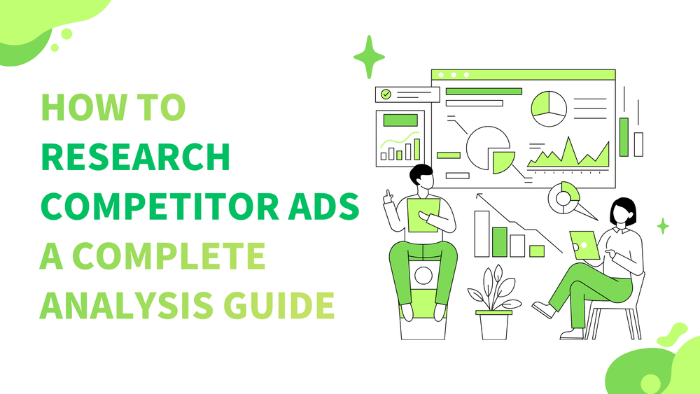 How to research competitor ads guide with illustrated people analyzing charts and graphs