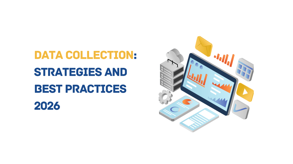 Data collection strategies and best practices 2026 title with illustrated analytics dashboard and digital icons