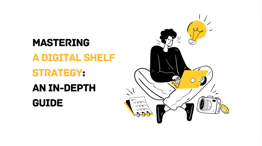 Mastering a Digital Shelf Strategy guide cover with illustrated person using a laptop, notebook, camera, and lightbulb icon.