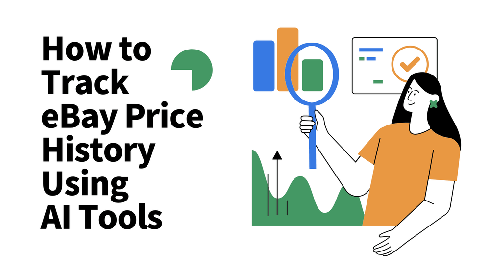How to track eBay price history using AI tools title with illustrated woman analyzing charts and graphs