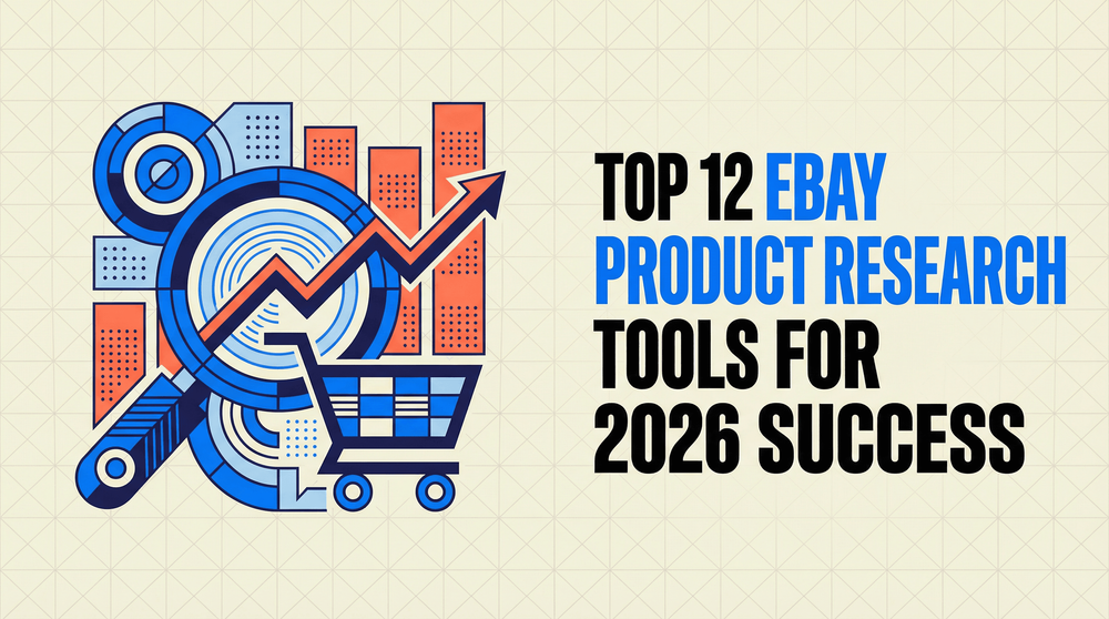 Top 12 eBay product research tools for 2026 success with abstract shopping cart and analytics graphic