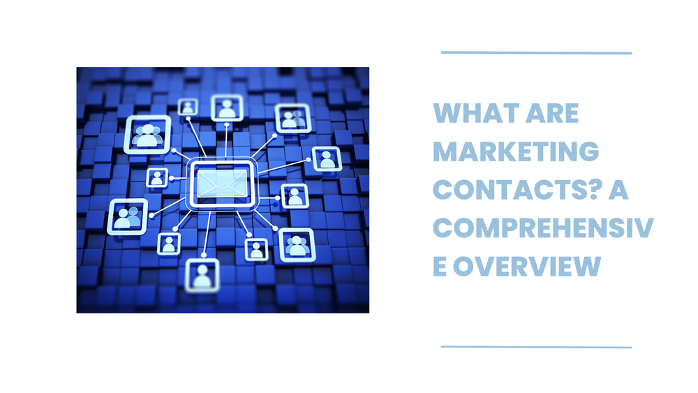Marketing contacts overview slide with networked email icon and user avatars on blue blocks