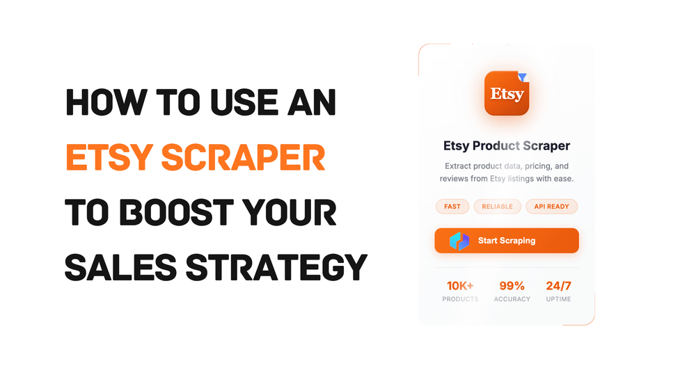 Etsy scraper tool advertisement with features and start button