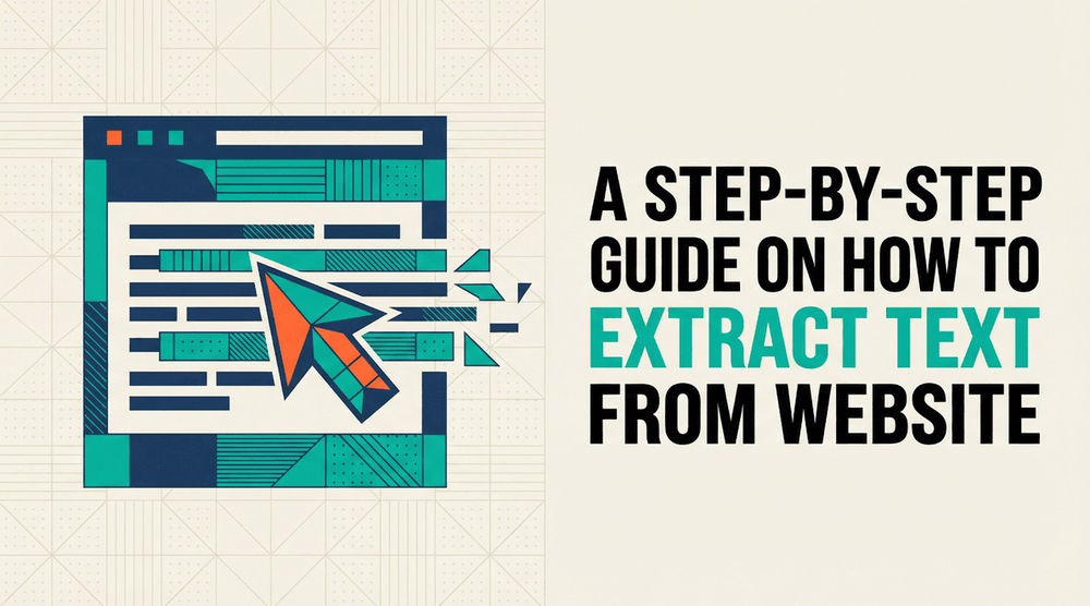 Step-by-step guide on how to extract text from website with stylized browser and cursor illustration