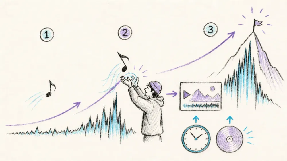 A rising sound wave moving from discovery to creator adoption