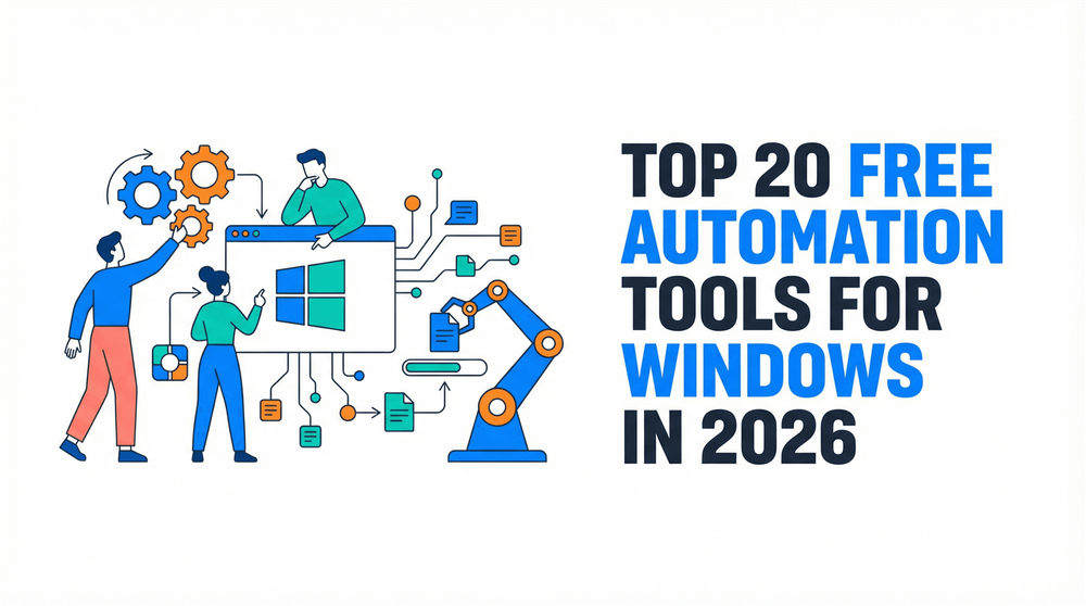 Top 20 free automation tools for Windows in 2026 title with illustrated people, gears, and robotic arm around a Windows interface.