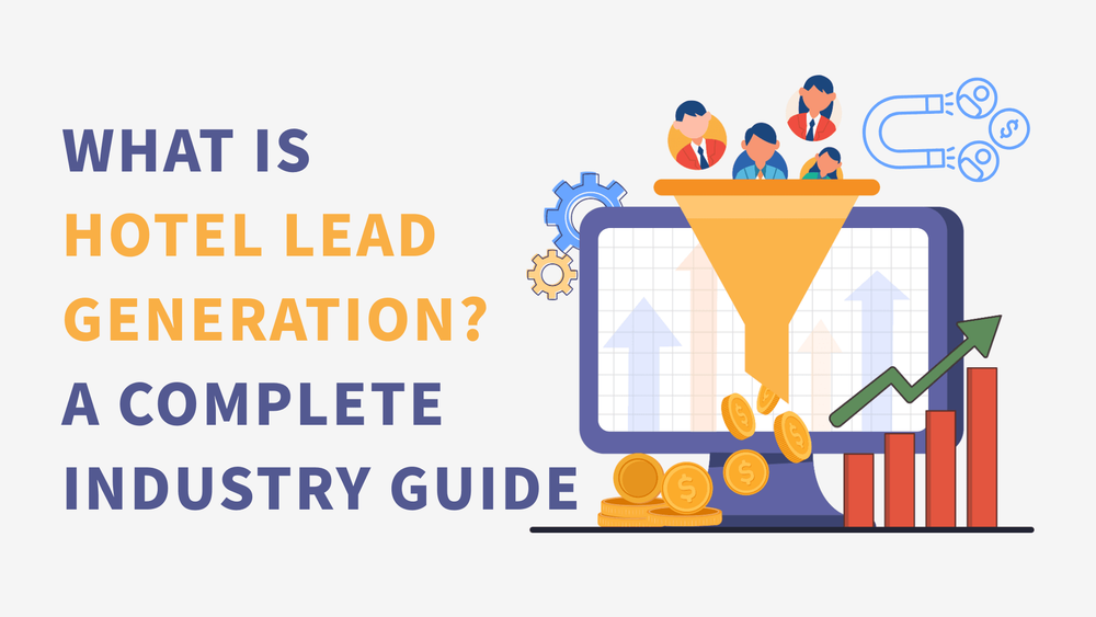 Hotel lead generation industry guide illustration with funnel, coins, and growth chart