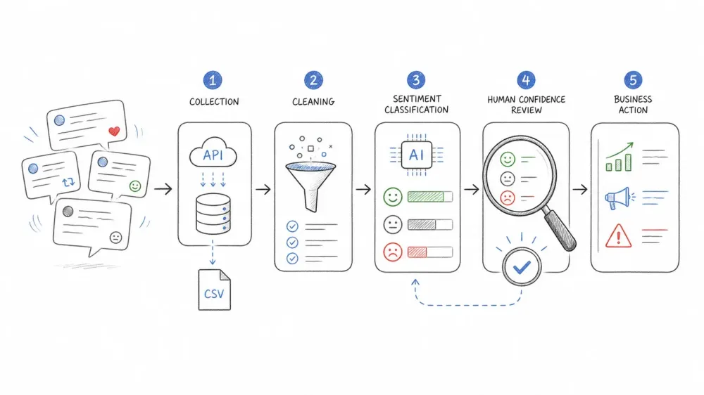 Hand-drawn workflow from collecting social posts through cleaning, sentiment scoring, human review, and business action.