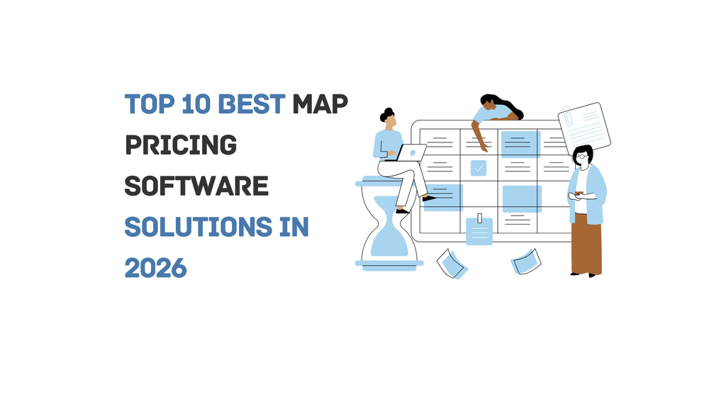 Top 10 best MAP pricing software solutions in 2026 with illustrated people working on a digital calendar.