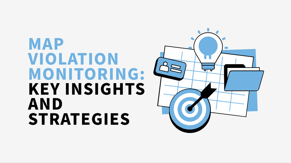 MAP violation monitoring insights and strategies graphic with target, calendar, lightbulb, folder, and ID card icons