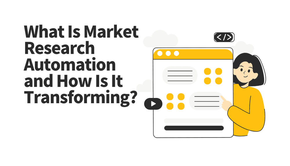 Market research automation transformation illustration with text and a person pointing at a web interface.