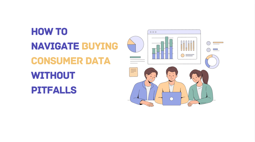 How to navigate buying consumer data without pitfalls presentation slide with three people analyzing charts on a laptop.