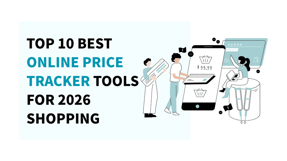 Top 10 best online price tracker tools for 2026 shopping with illustrated shoppers and smartphone.