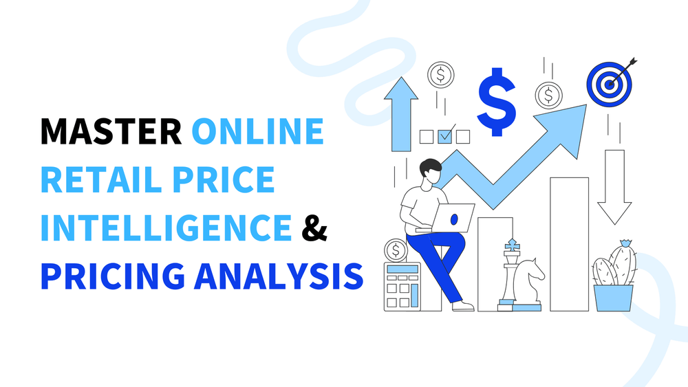 Master online retail price intelligence and pricing analysis banner with business-themed illustrations