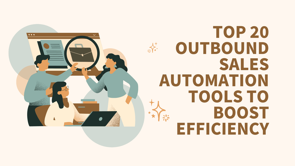 Top 20 outbound sales automation tools to boost efficiency title with illustrated people analyzing business data.