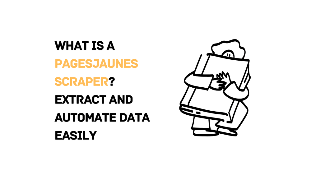 PagesJaunes scraper explanation with cartoon figure holding a large document