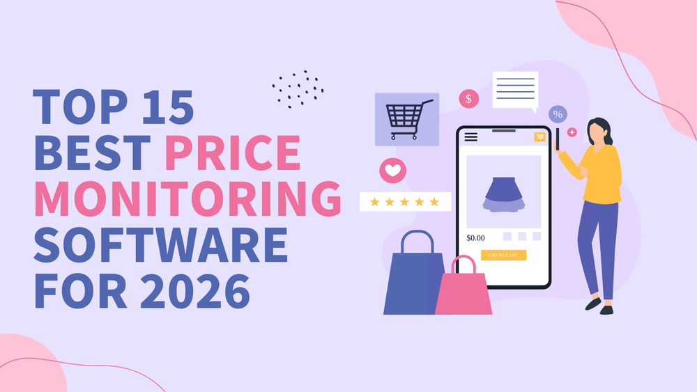 Top 15 best price monitoring software for 2026 banner with shopping and mobile app illustrations