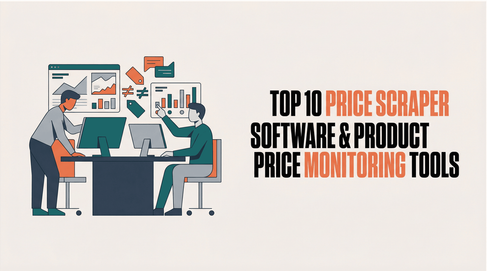 Top 10 price scraper software and product price monitoring tools title with illustrated people analyzing charts on computers.