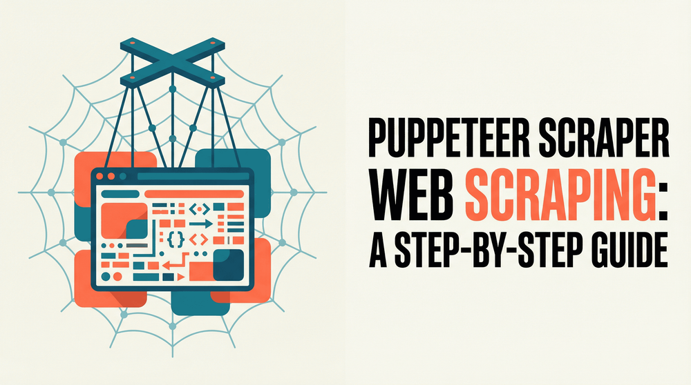  Puppeteer scraper web scraping step-by-step guide title with browser window illustration on a spider web.