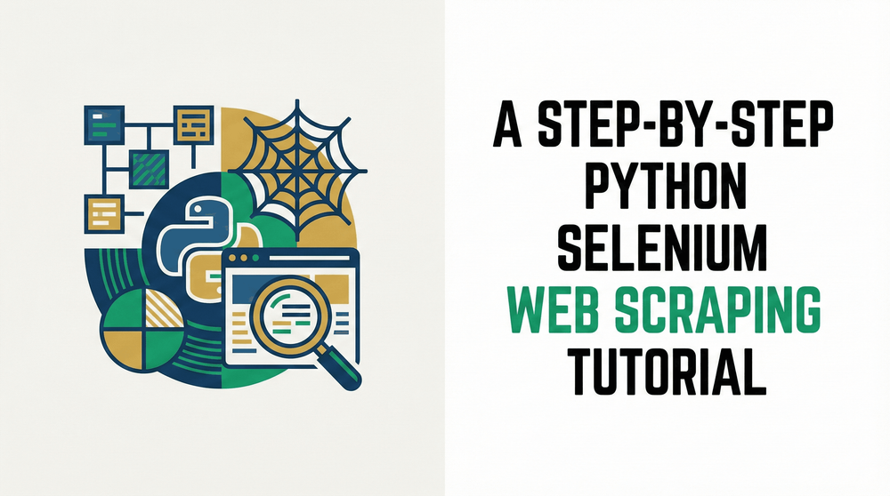 Step-by-step Python Selenium web scraping tutorial title slide with coding and web icons