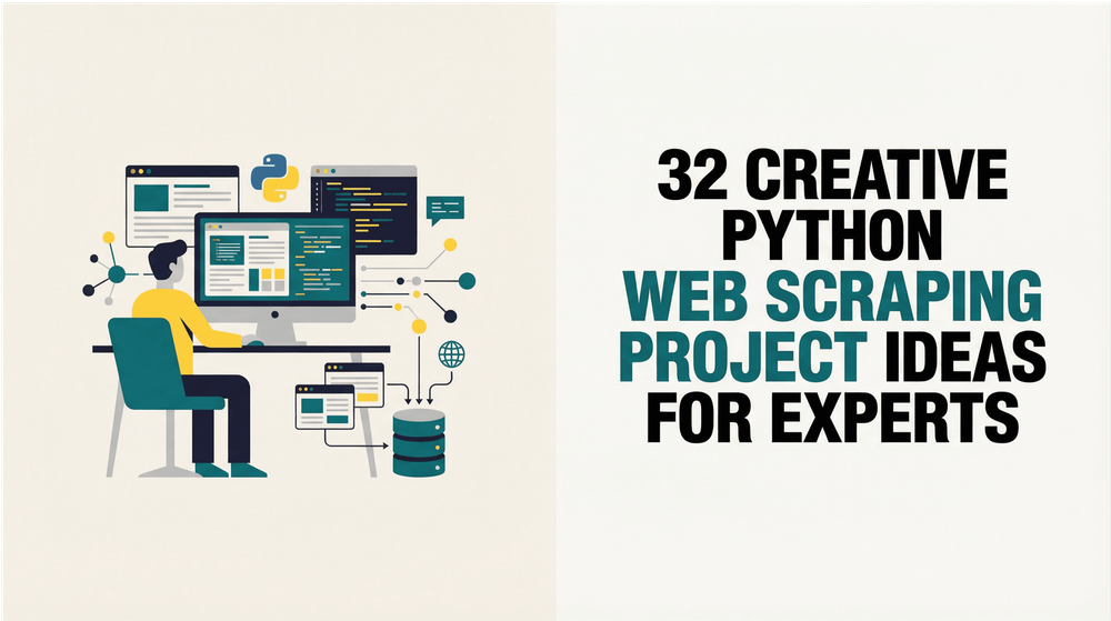 32 creative Python web scraping project ideas for experts title with illustration of a person coding at a desk surrounded by data icons and screens.