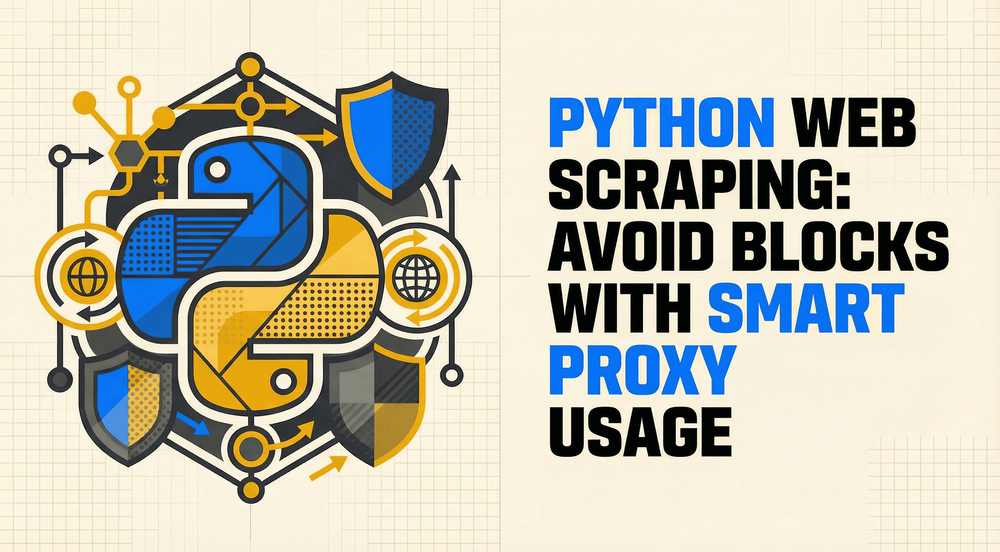 Python web scraping tips to avoid blocks using smart proxy, with a stylized Python logo and security icons.