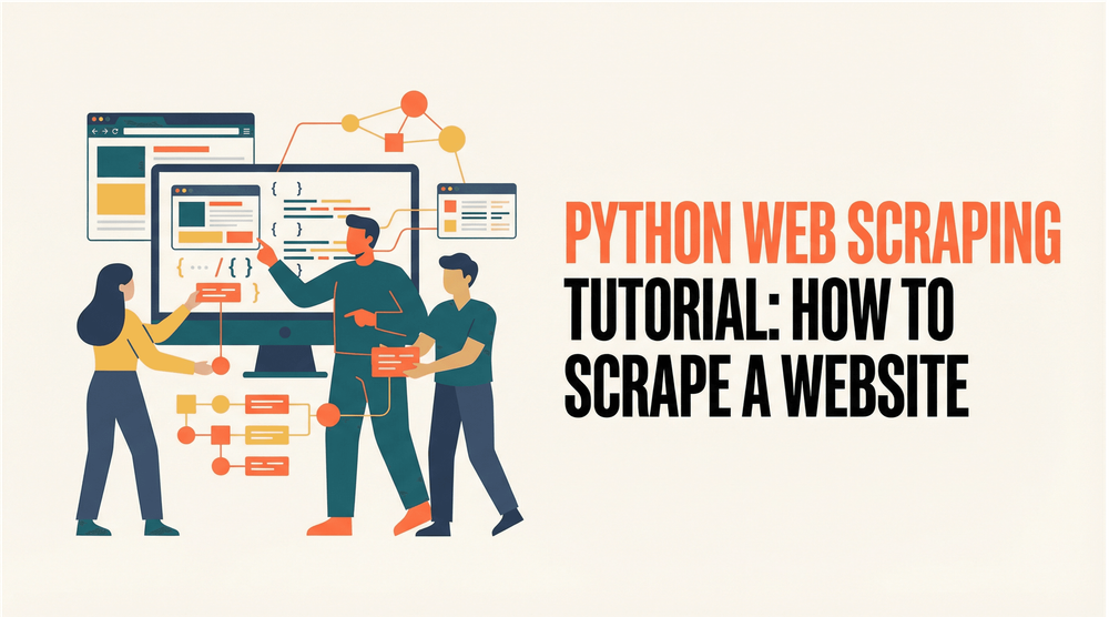 Python web scraping tutorial title with illustrated people and code diagrams around a large monitor.