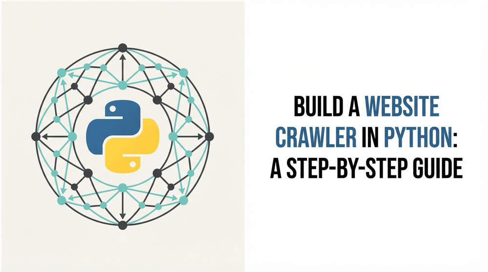 Build a website crawler in Python step-by-step guide title with Python logo and network graphic
