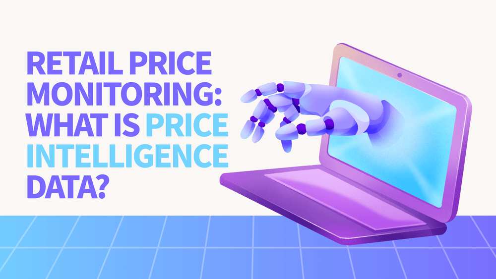 Retail price monitoring text with robotic hand emerging from laptop screen