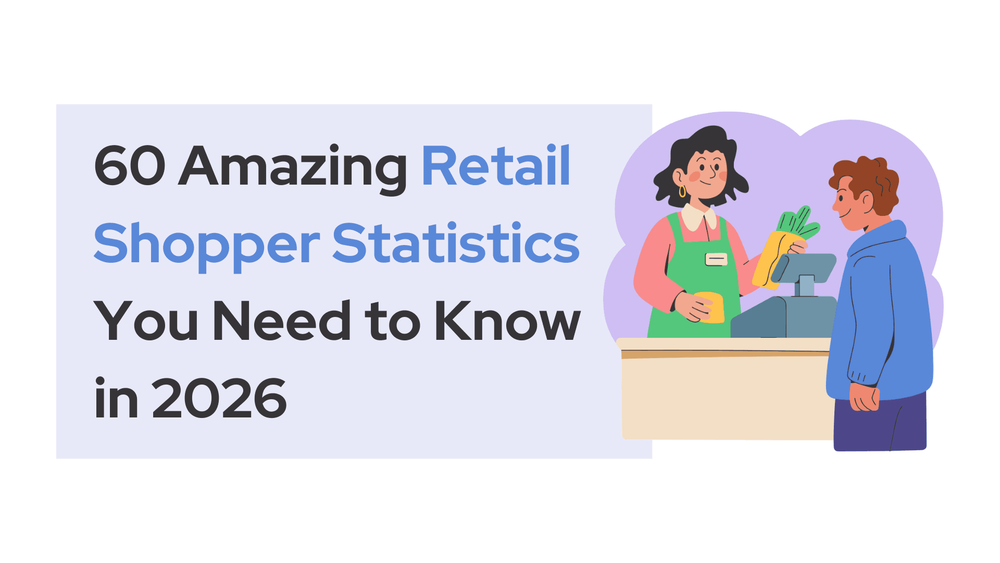 Retail shopper statistics 2026 headline with illustration of cashier and customer at checkout counter