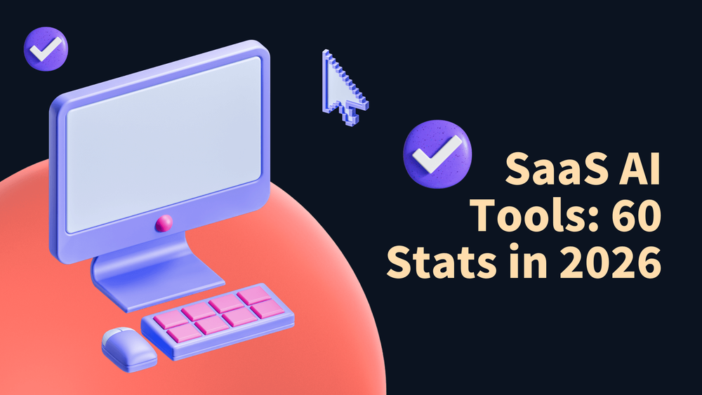 SaaS AI tools 2026 statistics title with 3D computer, mouse, and check marks