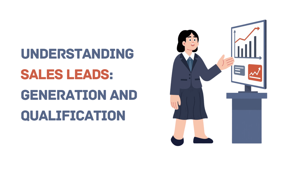Understanding sales leads generation and qualification presentation slide with businesswoman and growth chart.