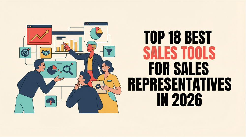Top 18 best sales tools for sales representatives in 2026 title with illustrated team analyzing sales charts and graphs