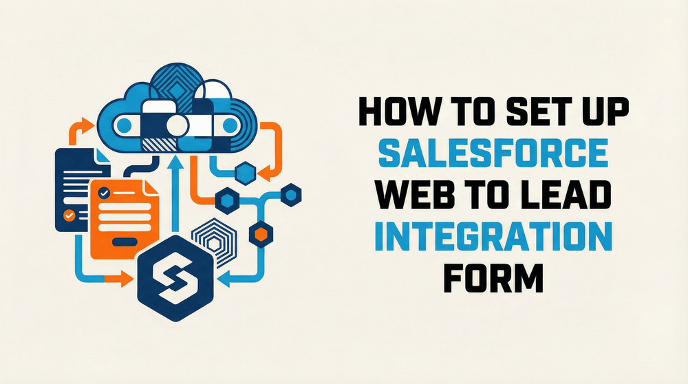 Salesforce web to lead integration form setup guide with cloud and document icons
