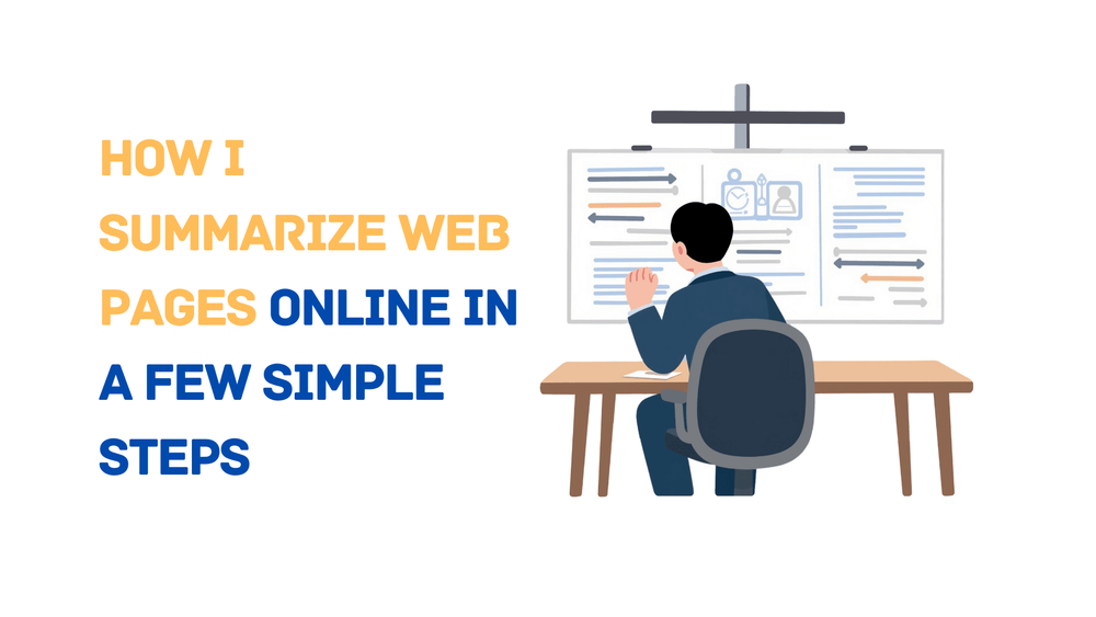 How I summarize web pages online in a few simple steps text with illustration of person at desk reviewing documents on a board