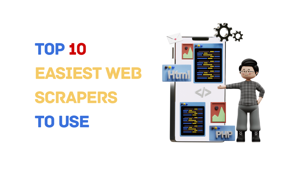 Top 10 easiest web scrapers to use with cartoon character and coding icons
