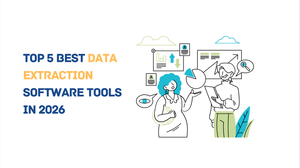 Top 5 best data extraction software tools in 2026 title with illustrated people analyzing charts and graphs.