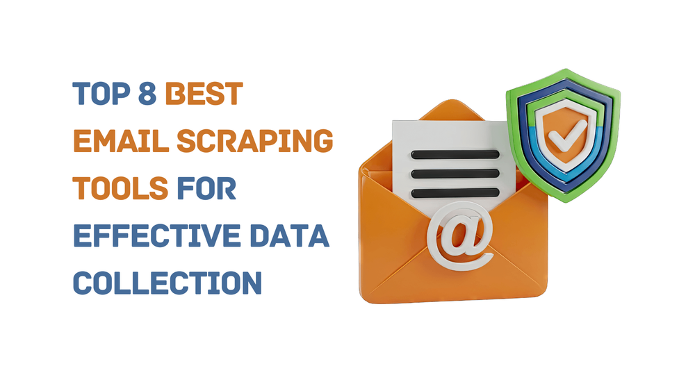 Top 8 best email scraping tools graphic with envelope and shield icon