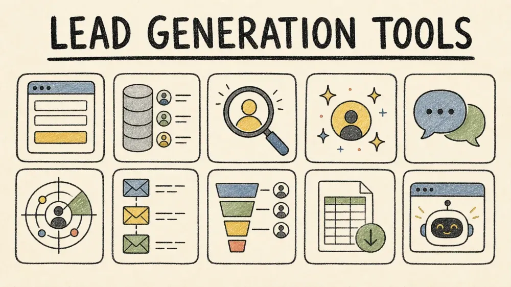 Hand-drawn lead generation toolkit with a contact card, funnel, CRM board, and budget calculator on a warm gray-yellow background